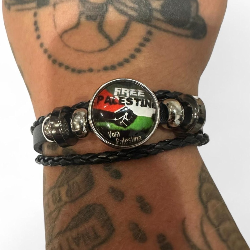 Black Braided Bracelet with Free Palestine Design and adjustable cords